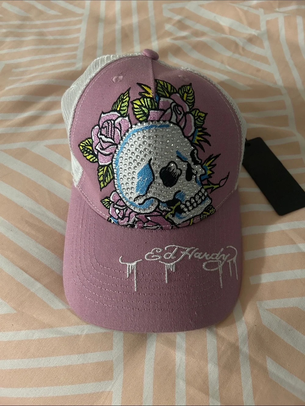 Ed Hardy Lilac Rhinestone Skull Rose Trucker Hat